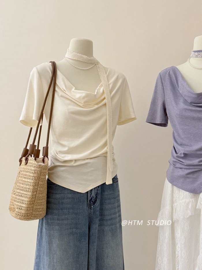 Áo thun nữ tay ngắn cổ xoay không đều màu