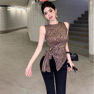 Áo Yếm In Họa Tiết Da Báo Không Tay Mùa Hè Thiết Kế Quai Mới Không Đều Slim Fit Top