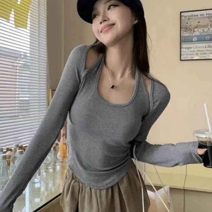 Áo thun giả dài tay hai mảnh dành cho nữ, áo ngắn giảm béo mùa xuân thu, áo sơ mi cổ yếm thời trang