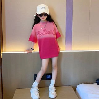Áo thun bé gái mùa hè ngắn tay áo bé gái thời trang gradient áo thun cotton nguyên chất nửa tay áo