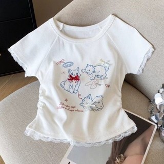 Áo thun ngắn tay phối ren hình mèo con ngọt ngào dễ thương cho nữ mùa hè, áo thun ngắn tay dáng ôm