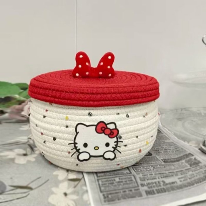 Giỏ đựng đồ để bàn Dễ thương Mèo con Sợi bông dệt Giỏ đựng đồ có nắp để bàn Hộp đựng đồ ăn nhẹ Đồ lặt vặt Giỏ phân loại