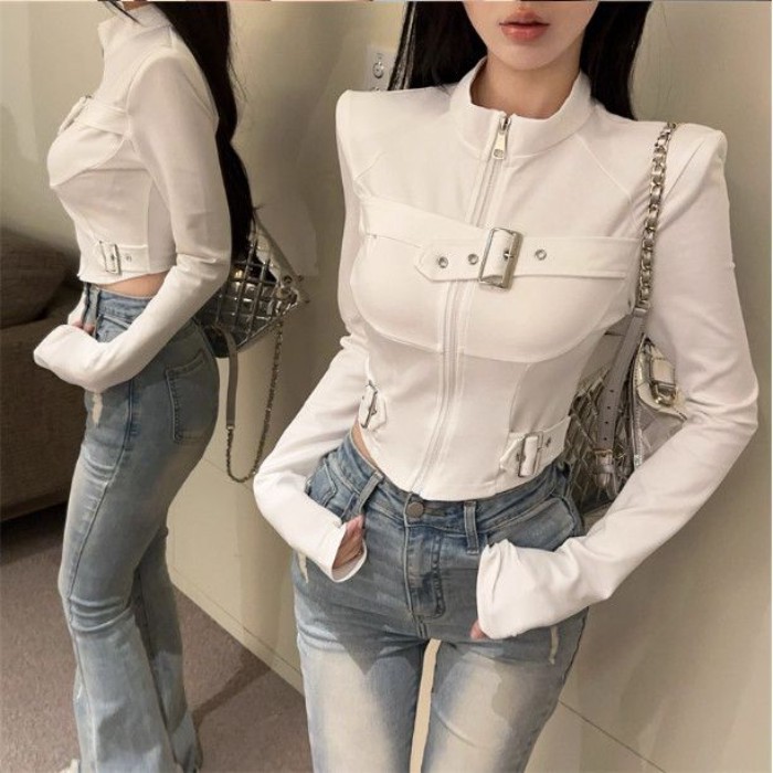 Áo thun dài tay niche cao cấp mùa xuân có khóa kim loại cổ đứng dây kéo đáy mùa thu dành cho