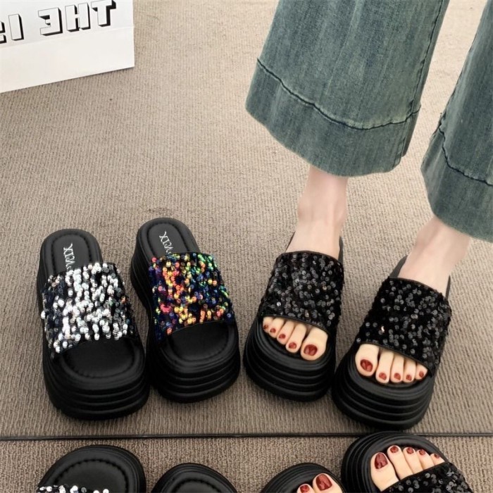 Giày sandal tăng chiều cao đế dày đính sequin cho nữ đi chơi mùa hè dép đa năng thời trang