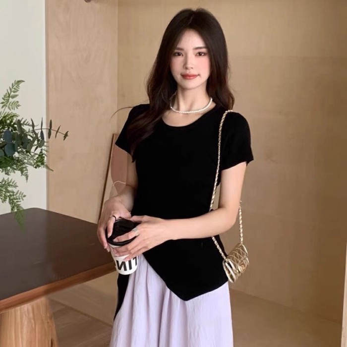 Áo Phông Nữ Tay Ngắn Không Đều Sang Trọng Mùa Hè Mới Slim Fit Thắt Nơ Cổ Tròn Dệt Kim Chia Top