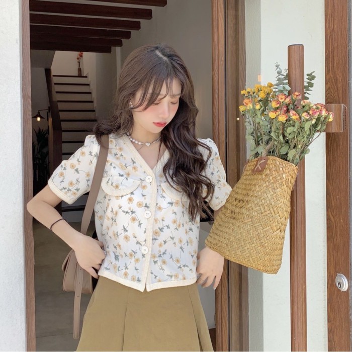Áo sơ mi ngắn tay hoa kiểu Pháp dành cho nữ, áo ngắn cổ chữ V phong cách retro mùa hè mới