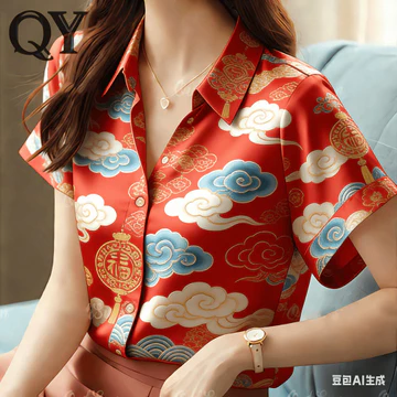 Tết Nguyên Đán Áo Sơ Mi Nữ Áo Sơ Mi In Toàn Bộ Quần Áo Áo Sơ Mi Hawaii Tay Ngắn Áo Sơ Mi Oversize Áo Sơ Mi Nữ 117b