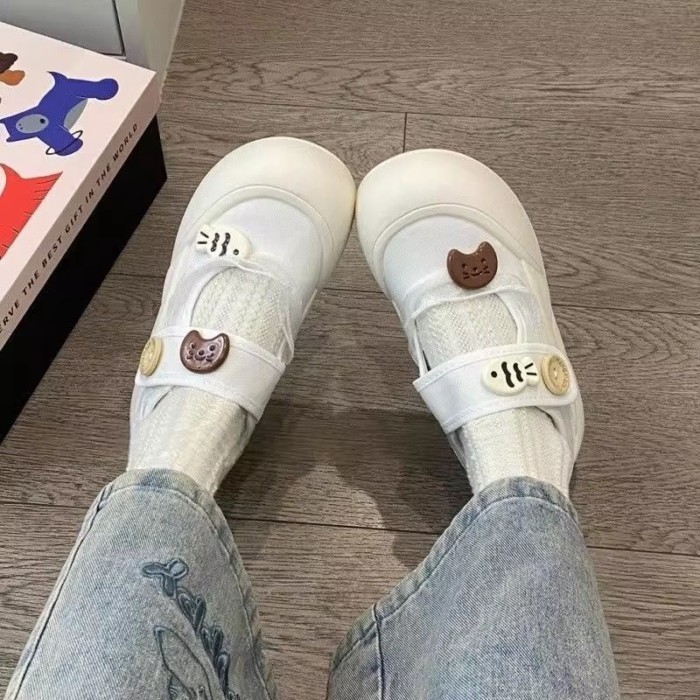 Giày vải Velcro Mary Jane đế dày hình mèo và cá đã sửa đổi dành cho nữ, giày đế bệt màu trắng thoán