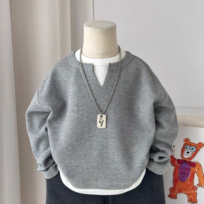 bé trai bánh quế dài tay thu đông bé trai áo thun nguyên chất cotton áo đẹp trai giả hai dây áo