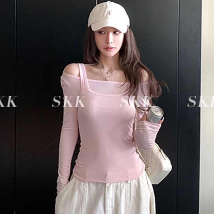 Áo thun ngắn tay ngắn cotton nguyên chất phong cách mùa thu mới Áo hai dây giả giảm béo cho nữ