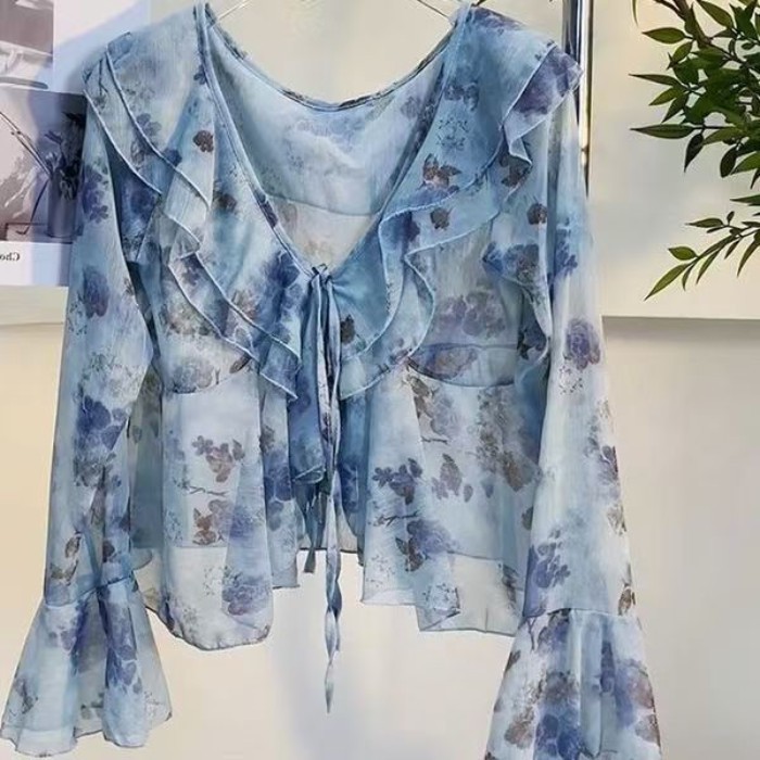 Áo sơ mi voan xòe hoa lãng mạn kiểu Pháp dành cho nữ mùa xuân hè áo sơ mi dài tay cổ chữ V in hình