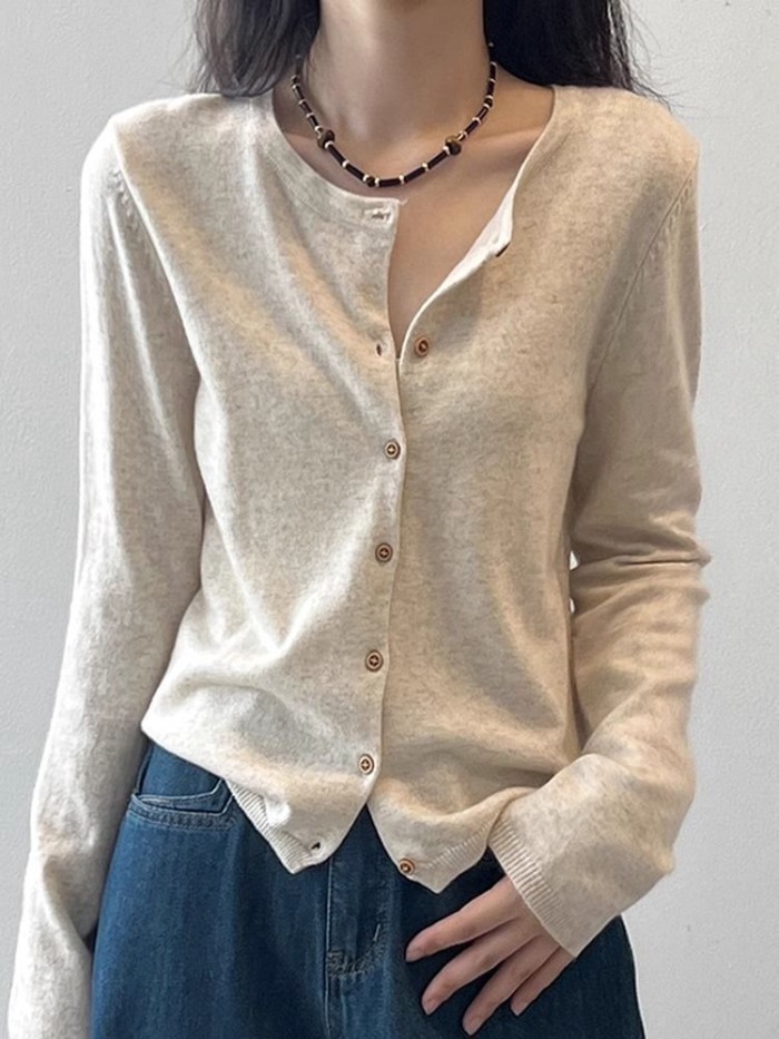 Áo khoác cardigan dệt kim sọc ngang dành cho nữ trong mùa xuân thu với áo len dài tay cổ tròn mỏng
