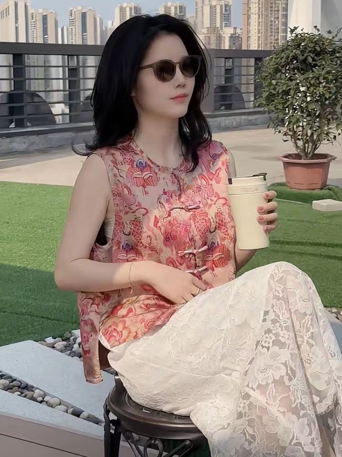 Phong Cách Trung Hoa Mới Nút Đĩa Áo Sơ Mi Không Tay Nữ Mùa Hè Mới Retro Thời Trang Top Áo Vest Á