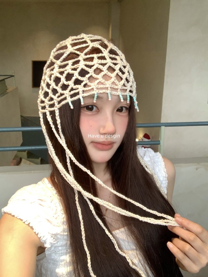 Mũ dệt kim phong cách dân tộc với chiếc tua rua sáng tạo, thoáng mát dành cho mùa hè
