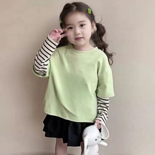 Bé Gái Xuân Thu Nguyên Chất Cotton Dài Tay Trẻ Em In Chữ Sọc Bên Ngoài Mặc Giả Hai Dây