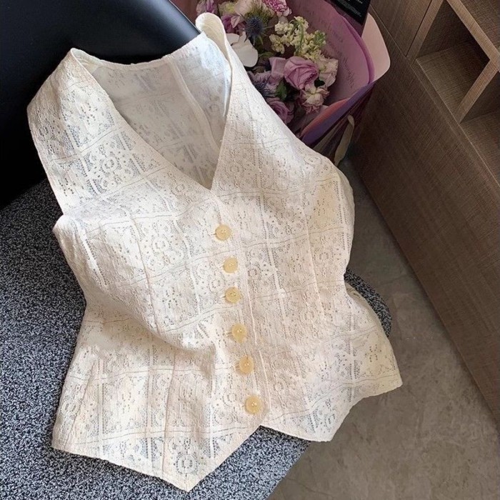 Áo vest ren rỗng mùa xuân hè kiểu Pháp dành cho nữ khí chất cao cấp, áo vest mỏng không tay đa năng
