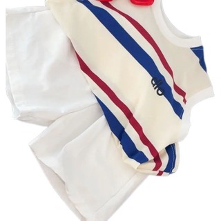 Bộ đồ không tay cho bé trai và bé gái, quần short mùa hè, quần áo mỏng, áo vest cotton sọc hai mảnh