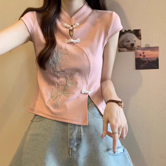 phong cách quốc gia dành cho nữ phong cách mới phong cách Trung Hoa mới cổ đứng đính nút áo thun