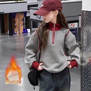 Áo len nhung sọc nửa khóa dành cho bé gái, áo cổ lọ cỡ vừa và lớn dành cho trẻ em, áo ngoài kiểu dá