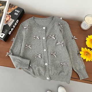 Áo Len Bé Gái Nơ Dệt Kim Cardigan Xuân Thu Áo Len Trẻ Em Phong Cách Hàn Quốc Áo Khoác Bé Gái