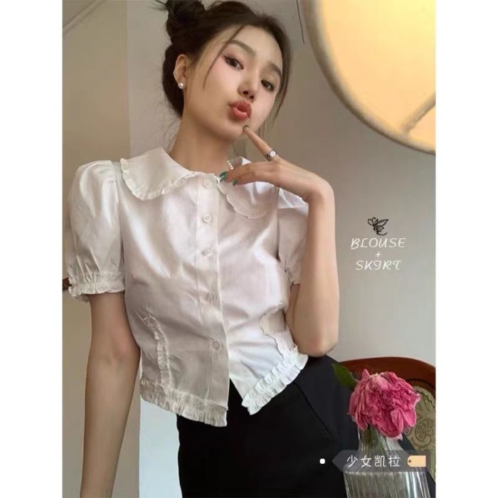 Retro Tay Phồng Cổ Búp Bê Áo Sơ Mi Nữ Mùa Hè Nấm Tay Ngắn Áo Trắng