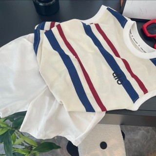 Bộ đồ không tay cho bé trai và bé gái, quần short mùa hè, quần áo mỏng, áo vest cotton sọc hai mảnh