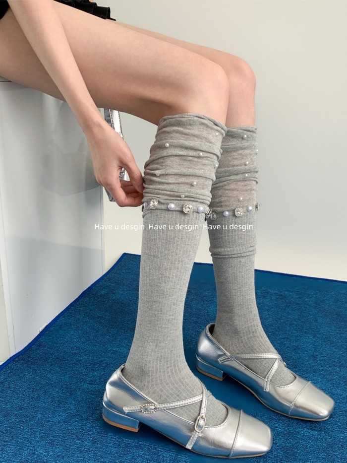 Tất nữ over-the-knee mùa xuân phong cách ba lê, họa tiết ngọc trai và kim cương nóng