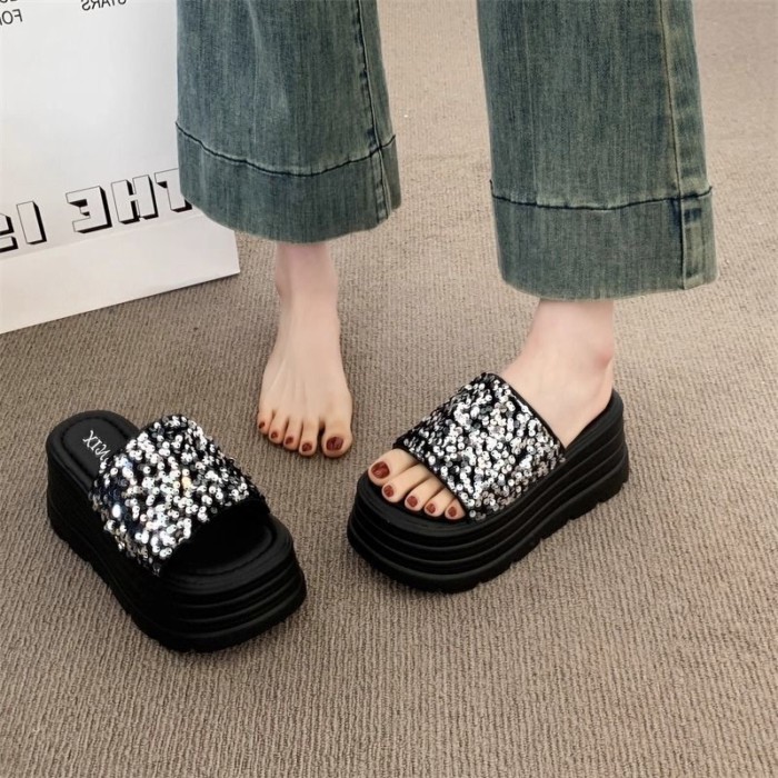 Giày sandal tăng chiều cao đế dày đính sequin cho nữ đi chơi mùa hè dép đa năng thời trang