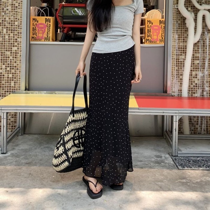 Phong cách Hàn Quốc Váy chấm bi kiểu Pháp thanh lịch mùa hè khí chất mới lưng cao dài vừa đuôi c