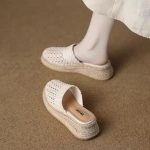 Dép rơm đế dày, giày dệt mũi nhọn bằng vải lưới thông thường, tăng chiều cao Giày lười nửa cúp Mull