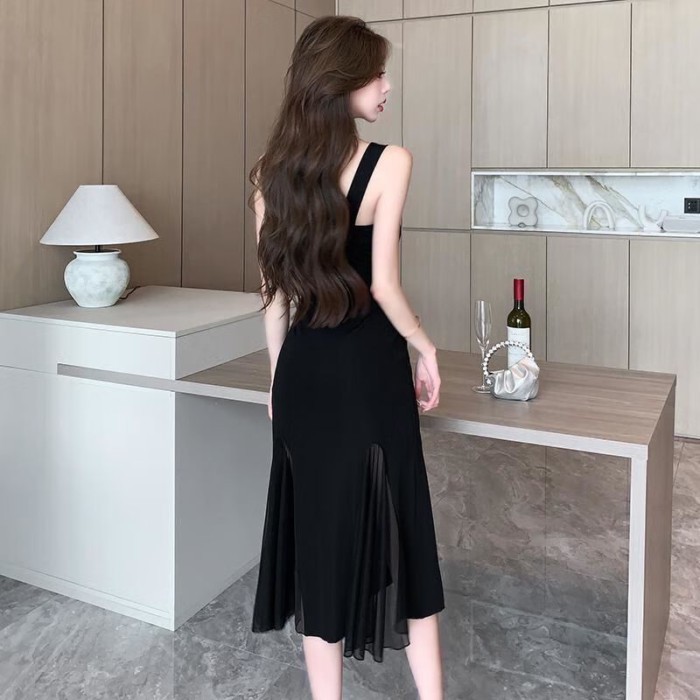Phong cách Pháp retro treo cao cấp nhỏ váy đen nối lưới giảm béo khí chất người nổi tiếng váy dà
