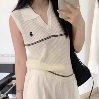 Pháp Không Tay Cổ POLO Dệt Kim Áo Mùa Hè Mới Ve Áo Mỏng Thêu Đa Năng Thịt-Bao Phủ Cao Cấp Hàng Đ