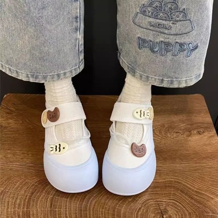 Giày vải Velcro Mary Jane đế dày hình mèo và cá đã sửa đổi dành cho nữ, giày đế bệt màu trắng thoán