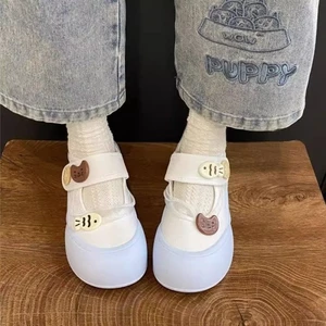 Giày vải Velcro Mary Jane đế dày hình mèo và cá đã sửa đổi dành cho nữ, giày đế bệt màu trắng thoán