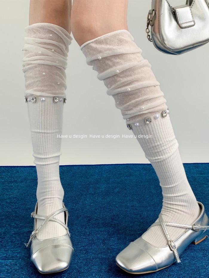 Tất nữ over-the-knee mùa xuân phong cách ba lê, họa tiết ngọc trai và kim cương nóng