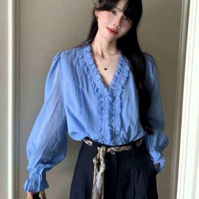 Lan ~ Áo sơ mi Petty Bourgeoisie màu xanh nấm thu đông, thiết kế ômbody sang trọng