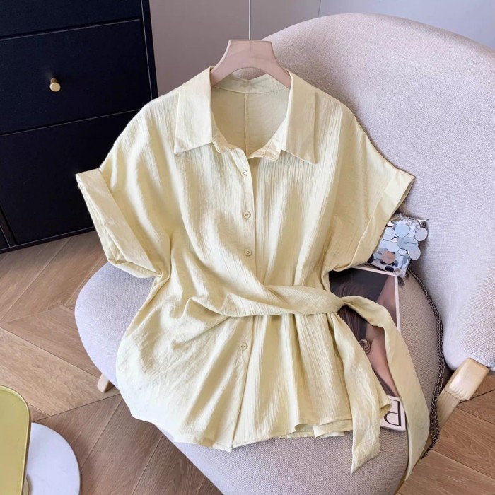 Nữ Phong Cách Phương Tây Áo Sơ Mi Ve Áo Trắng Top Mùa Hè Phong Cách Hàn Quốc Eo Tay Ngắn Niche Á