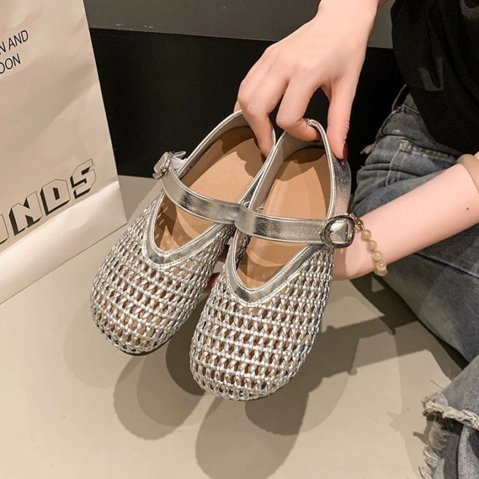 Giày Mary Jane Nữ Đế Bằng Mềm Dây Lưới Dệt Lưới Cá Giày Xăng Đan