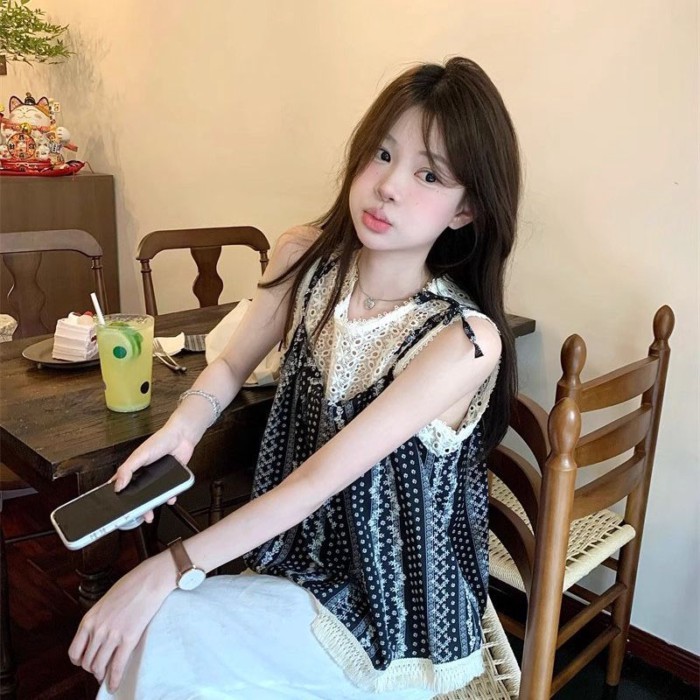 Áo vest nữ không tay ngọt ngào thắt nơ giả hai mảnh thường ngày