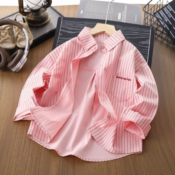 Áo Sơ Mi Và Áo Khoác Bé Gái Xuân Thu Mới Trẻ Em Áo Sơ Mi Sọc Casual Áo Dài Tay Phong Cách Màu Hồn
