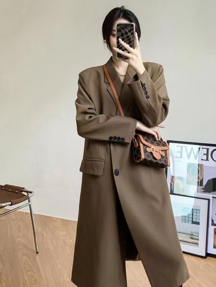Áo blazer dáng dài thông thường dành cho nữ, áo khoác dáng rộng qua đầu gối