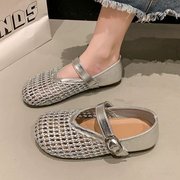 Giày Mary Jane Nữ Đế Bằng Mềm Dây Lưới Dệt Lưới Cá Giày Xăng Đan
