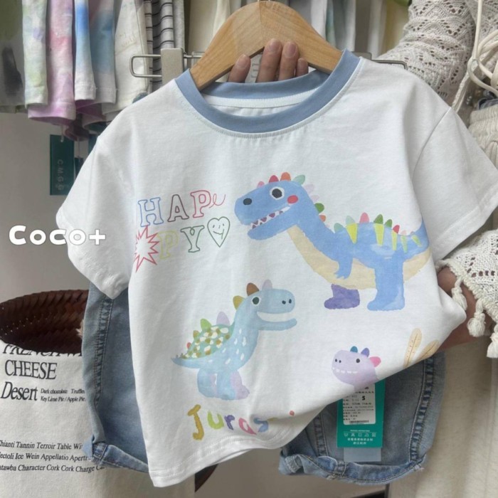 Trẻ Em Mùa Hè Thoải Mái 100% Cotton Tay Ngắn Rời Hoạt Hình Khủng Long In Hình Khủng Long Bé Trai