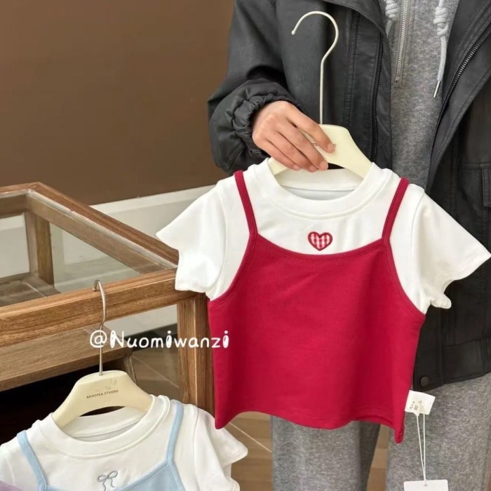 Bé Gái Mùa Hè Mới Phong Cách Hàn Quốc Giả Hai Mảnh Áo Phông Cotton Đa Năng Thời Trang Cho Bé Gái