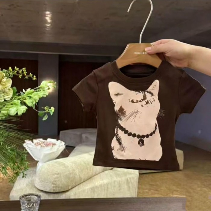 trẻ em ngắn tay mùa hè phong cách mới cà phê mèo in hình dễ thương cho trẻ em trung niên và lớn