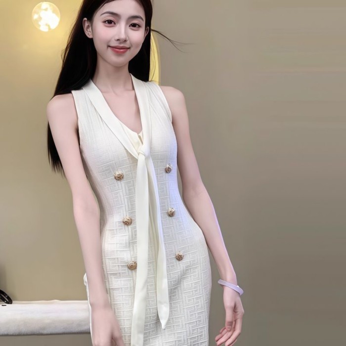Váy dệt kim cổ chữ V màu trắng cho nữ, váy ngắn ôm eo ôm hông