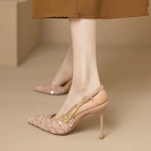 Giày sandal mũi nhọn đính sequin kiểu Pháp cho nữ phong cách mùa hè thời trang với chân váy, giày c