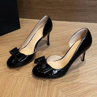 Giày Cao Gót Bên Rỗng Nơ Stiletto Gót Phong Cách Mới Nông Miệng Thời Trang Phong Cách Pháp Đen Nhẹ Nhàng Giày Đơn Ngón Tròn Nữ