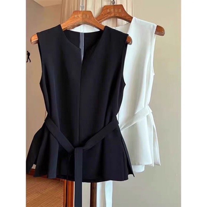 Thắt lưng phù hợp với áo vest nữ mỏng cao cấp áo ghi lê mặc ngoài khí chất không tay xếp tầng hàng
