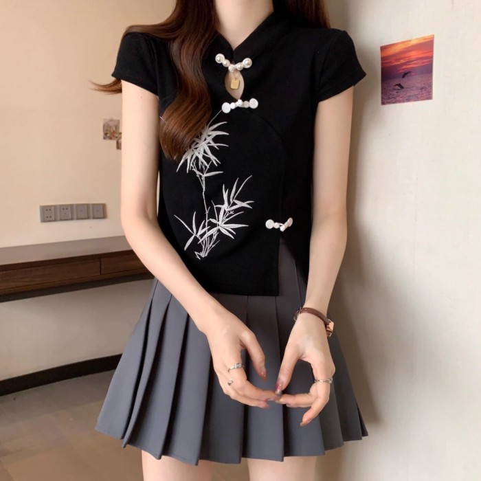 phong cách quốc gia dành cho nữ phong cách mới phong cách Trung Hoa mới cổ đứng đính nút áo thun